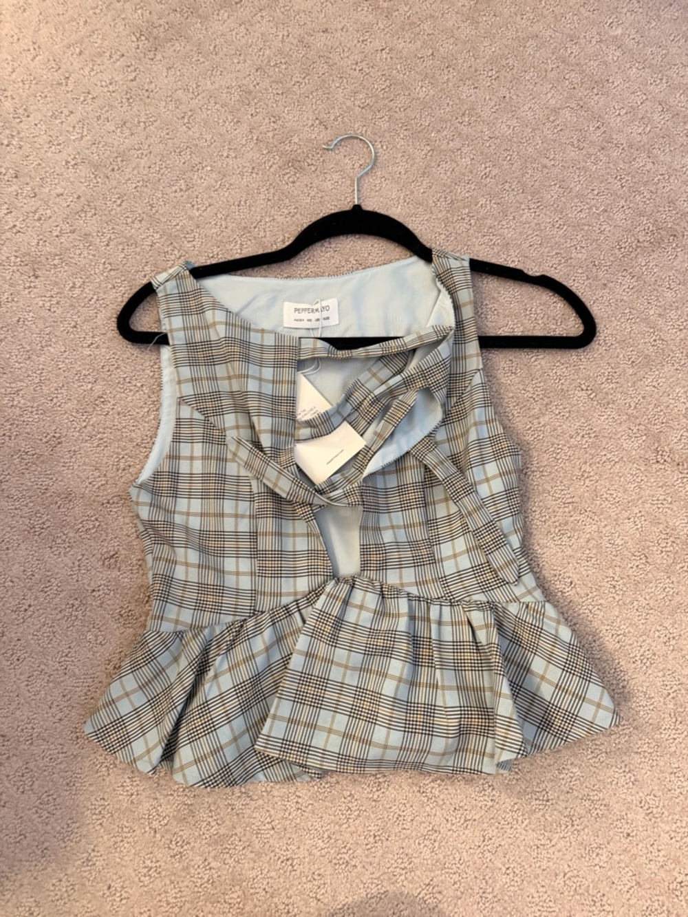 Peppermayo Light Blue and Brown Plaid Peplum Tie-Front Top